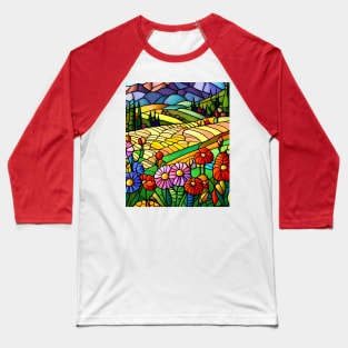 Stained Glass Colorful Mountain Flowers Baseball T-Shirt
